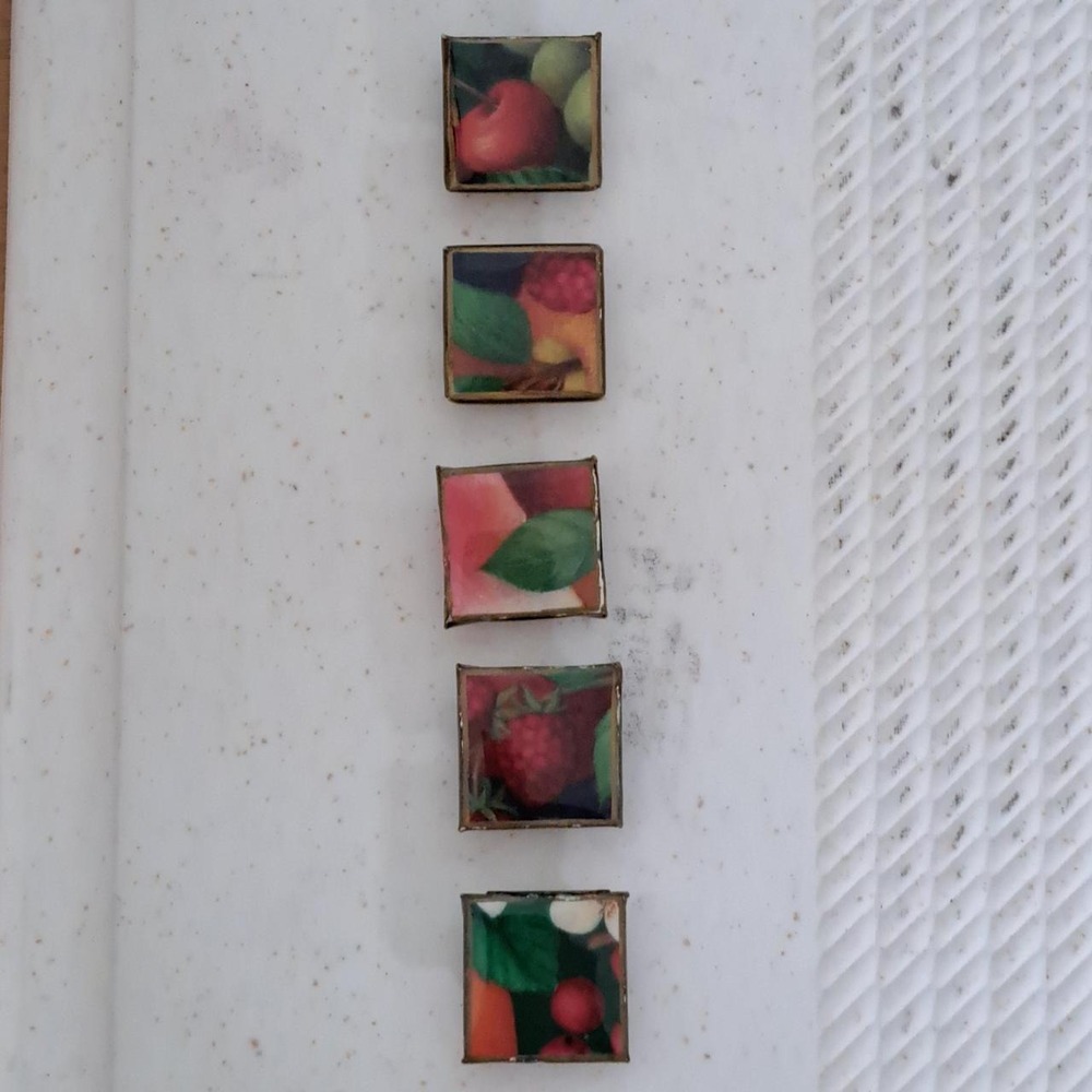Vintage Fruit Still Life Square Button Covers Set of 5 Brass Tone Botanical